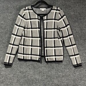 Liz Claiborne Cardigan Women PL Grey New No Tags Plaid Windowpane Metallic
